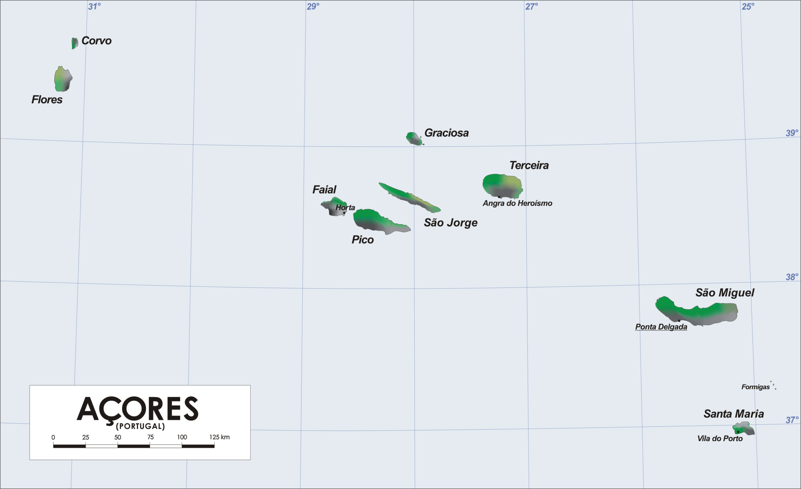 Map of the Azores Islands to plan GPS routes across the nine islands