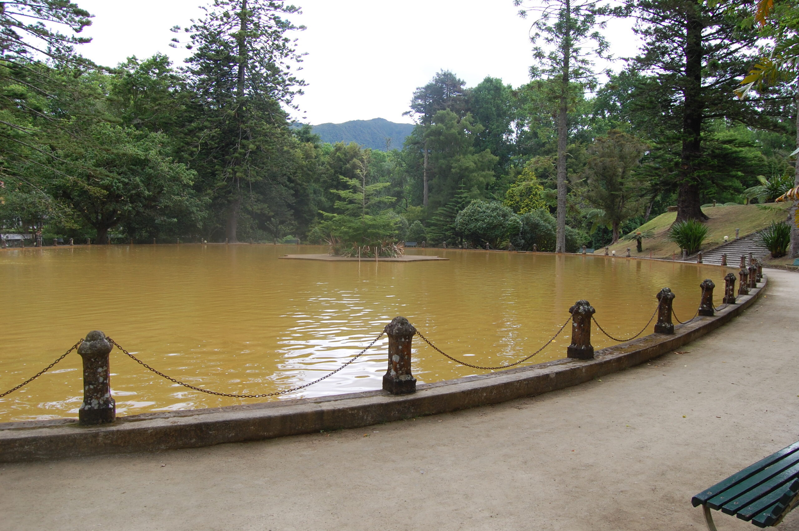 Piscina termal del Parque Terra Nostra rodeada por el jardín botánico