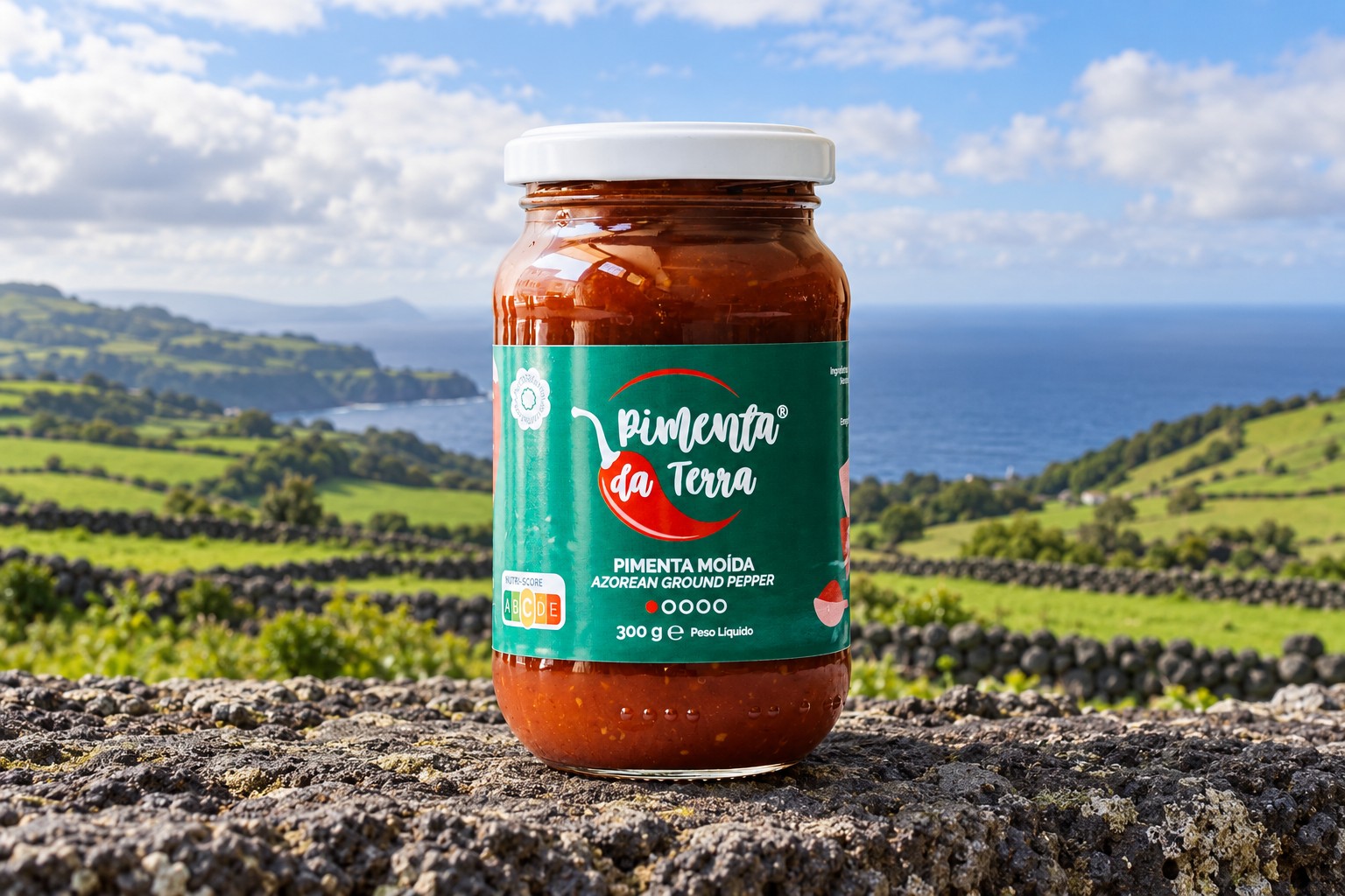 Frasco de pimenta da terra moída com um fundo inspirado nos Açores